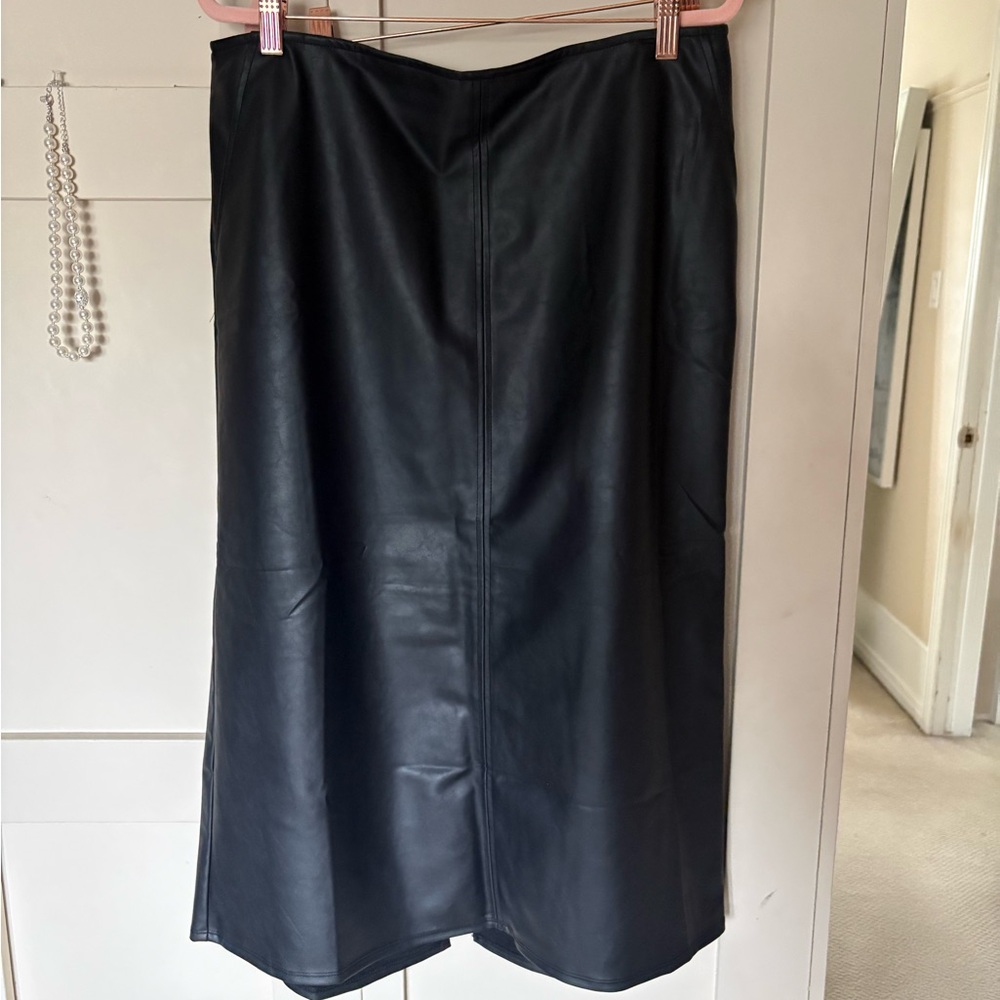 Classic Black Faux Leather Midi Skirt—NEW WITH TAGS